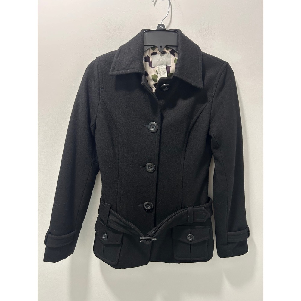 dELiA*s Women Black Wool Blend Belted Pea Coat Heart Print Lining XS